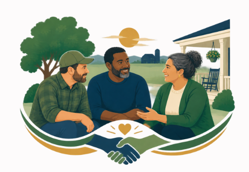 Three neighbors gathered together in a supportive rural community setting