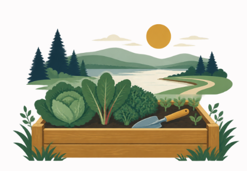 Raised garden bed with vegetables, a hand trowel, and a rural outdoor landscape