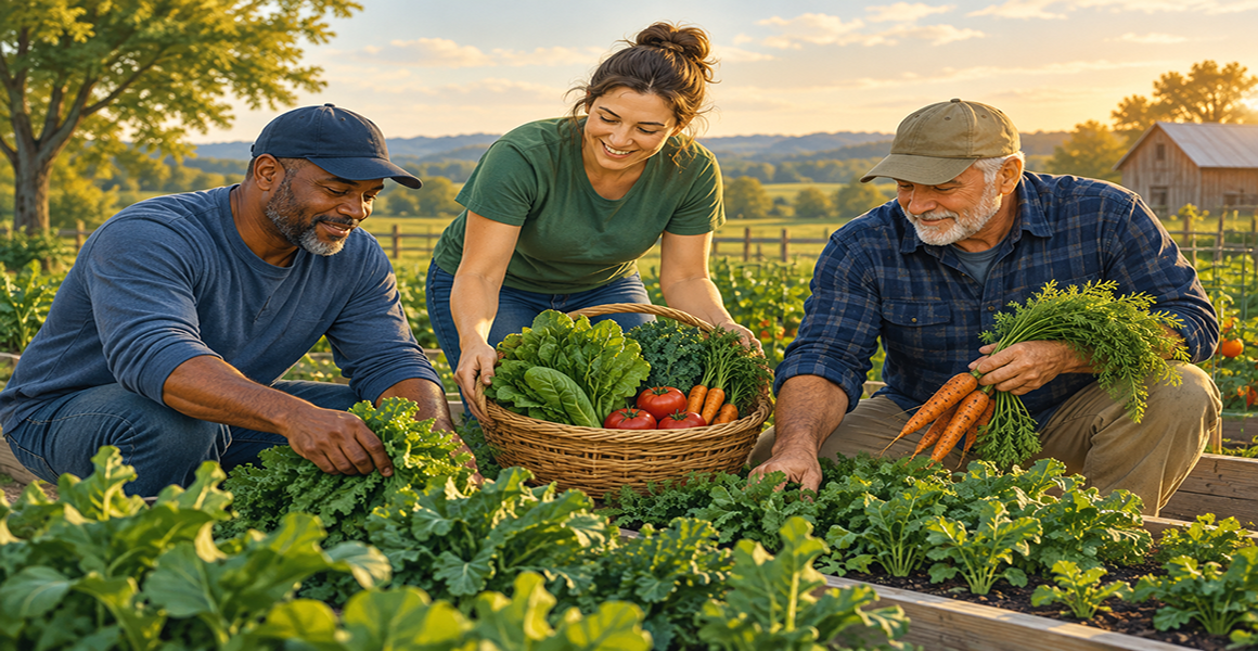Veterans and a community volunteer tending vegetables in a garden