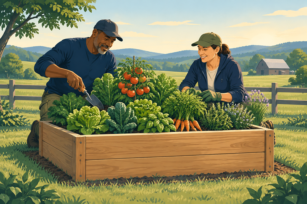 Veterans tending vegetables in a raised garden bed